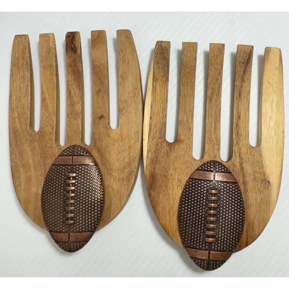 Handcrafted Wooden Salad Hands / Tossers with Copper-Accented Football Applique